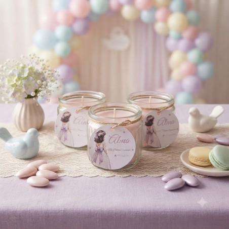 Vela Aromática para Comunión | Detalle con Lazo Malva | Kalukuqui
