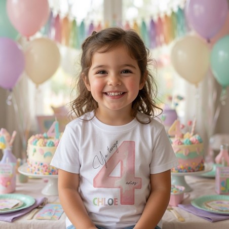 Camiseta de cumpleaños personalizada con número en acuarela y nombre.