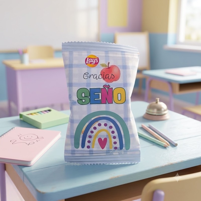 Bolsa de patatas Lays personalizada con temática de Seño Arcoiris.