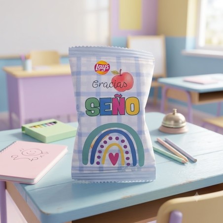 Bolsa de patatas Lays personalizada con temática de Seño Arcoiris.