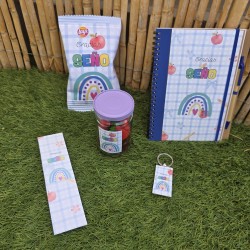 Diseño coordinado en tonos pastel suaves para pack de fin de curso.