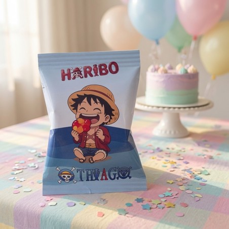 Bolsa de 100 gramos de gominolas Haribo personalizada con temática de One Piece.