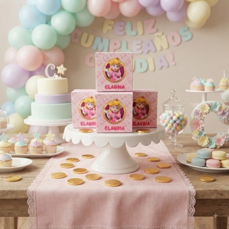 Caja de monedas de chocolate personalizada con temática de la Princesa Peach de Super Mario.