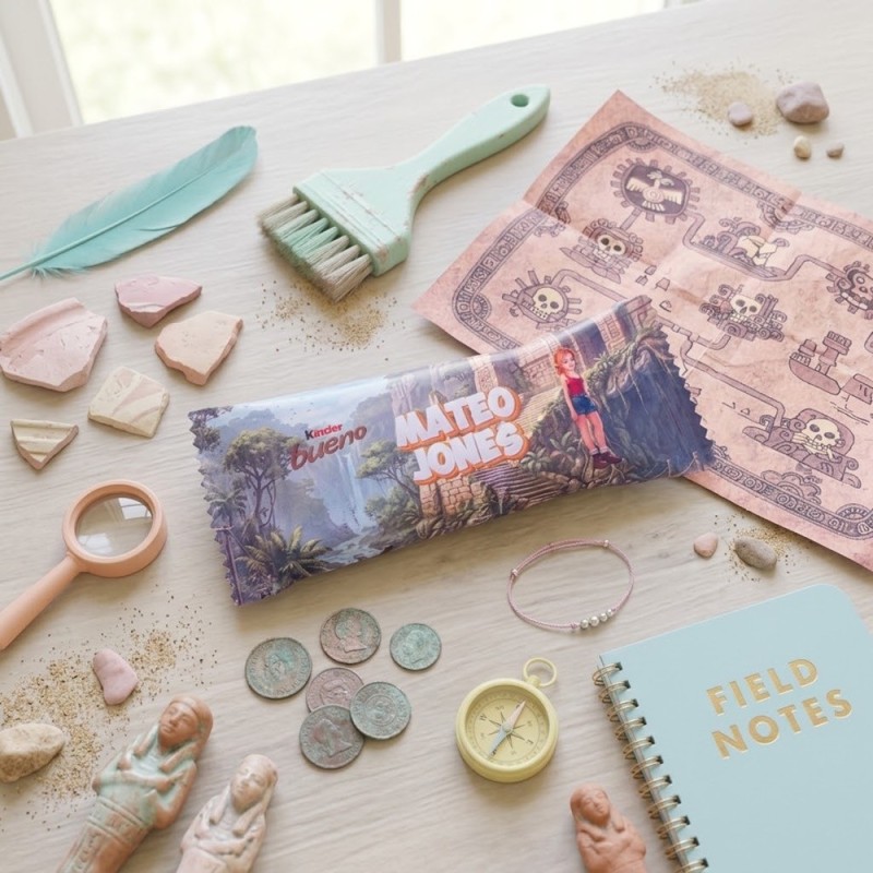 Kinder Bueno personalizado con temática de Tadeo Jones en tonos pastel.