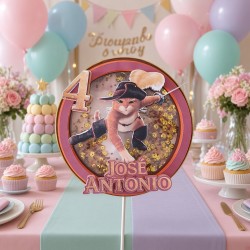 Cake Topper 3D Shaker del Gato con Botas por Kalukuqui en tonos pastel.