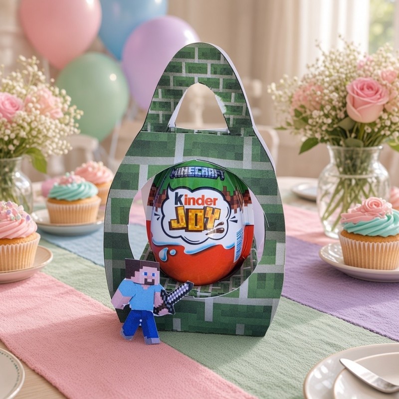 Caja para Huevo Kinder con temática de Minecraft por Kalukuqui en tonos pastel.