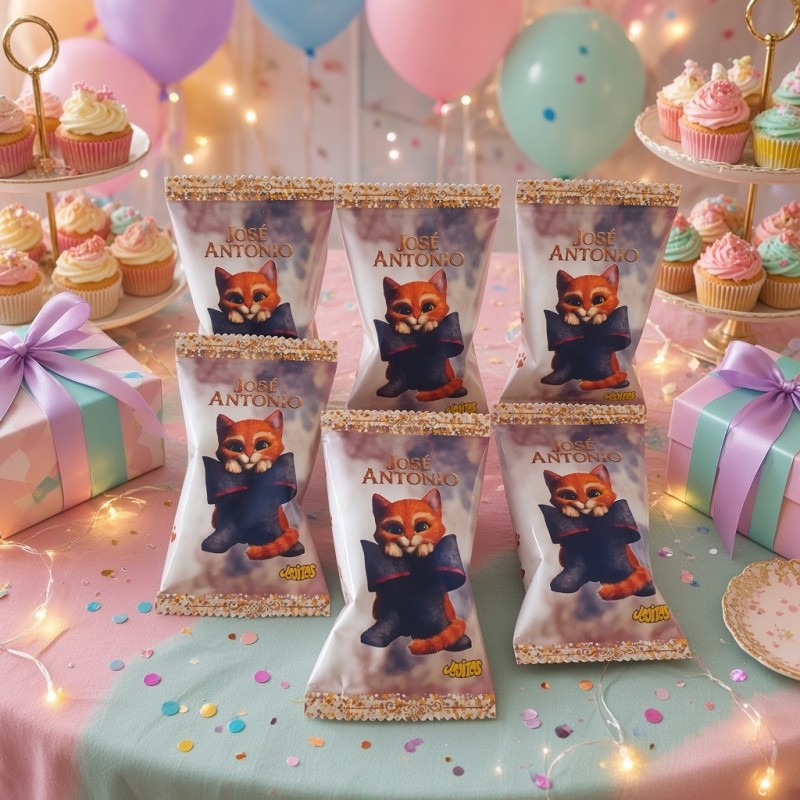 Bolsita de gusanitos personalizada del Gato con Botas por Kalukuqui en tonos pastel.