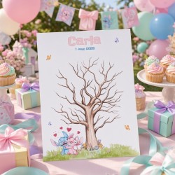 Lámina árbol de huellas de Stitch y Angel Love por Kalukuqui en tonos pastel.