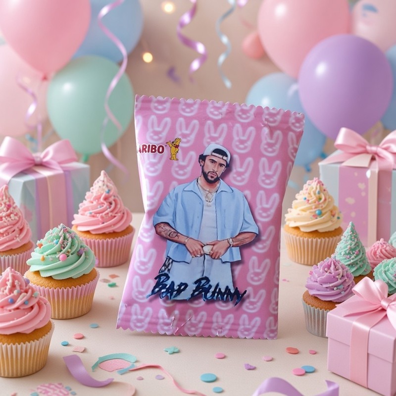 Bolsita de 100g de gominolas Haribo de Bad Bunny por Kalukuqui en tonos pastel.