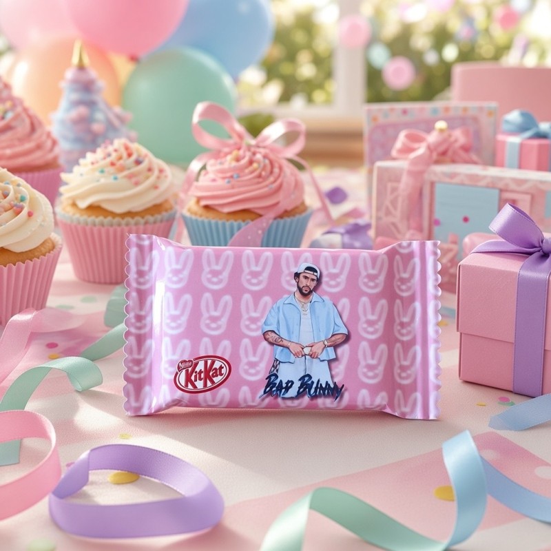 Mini barrita Kit Kat personalizada de Bad Bunny por Kalukuqui en tonos pastel.