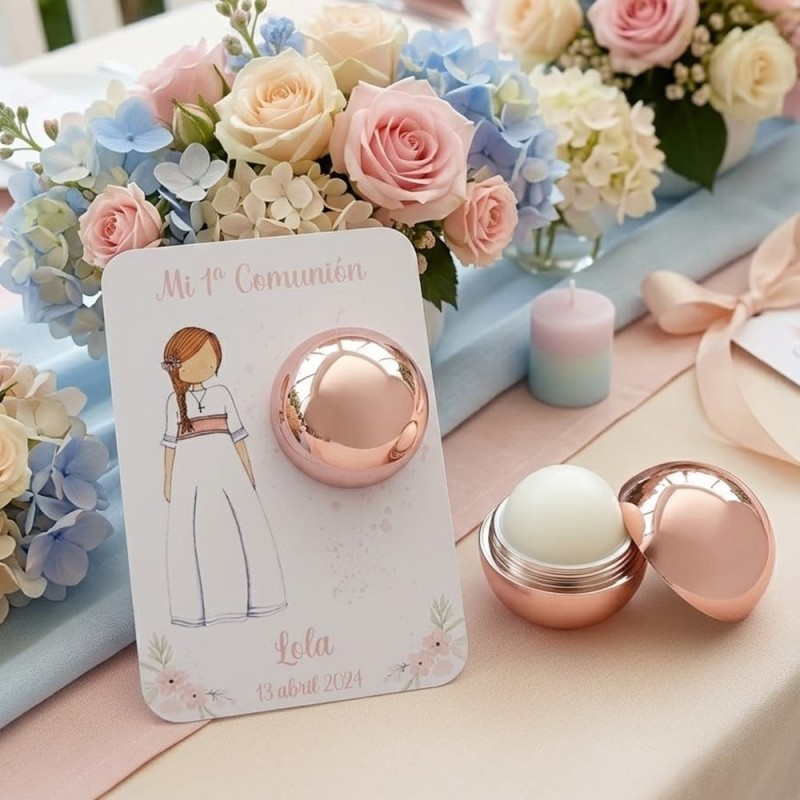Bálsamo Labial Comunión Niña Lazo Rosa | Detalle Personalizado