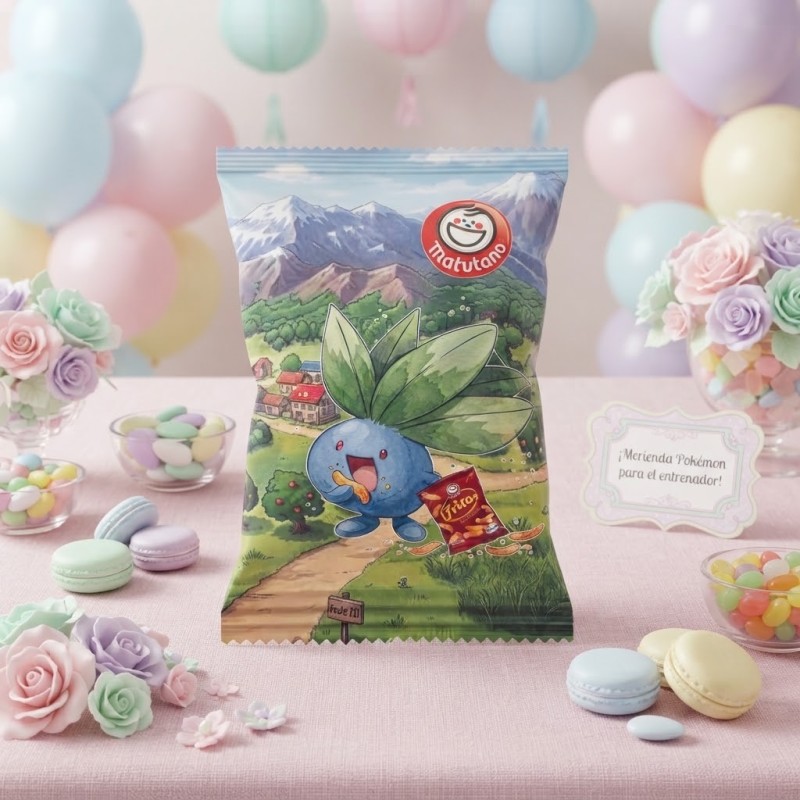 Bolsita de Fritos Matutano de Pokémon Oddish por Kalukuqui en tonos pastel.