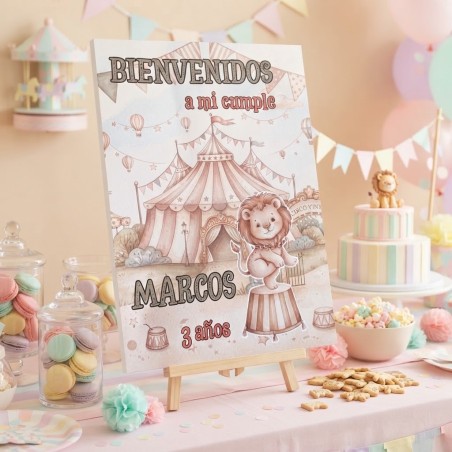 Lámina cartel de bienvenida A4 de El Circo por Kalukuqui en tonos pastel.