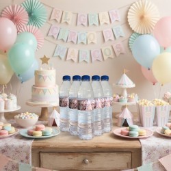 Etiquetas adhesivas para botellas de agua de El Circo por Kalukuqui en tonos pastel.