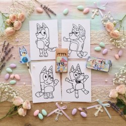 Pack de regalos infantiles de Bluey por Kalukuqui en tonos pastel.