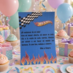 Tarjeta de dedicatoria de Hot Wheels por Kalukuqui en tonos pastel.