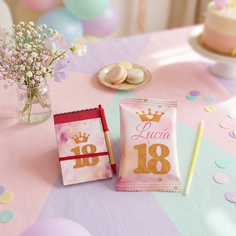 Bolsa sorpresa personalizada de 18 años modelo Brilla con cuaderno y pulsera por Kalukuqui en tonos pastel.