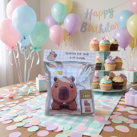 Pack de regalo divertido Capibara Serie Leo con láminas A6, lápices y gusanitos por Kalukuqui.