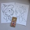 Detalle de papelería infantil para colorear con temática de Pinocho en tonos pastel.